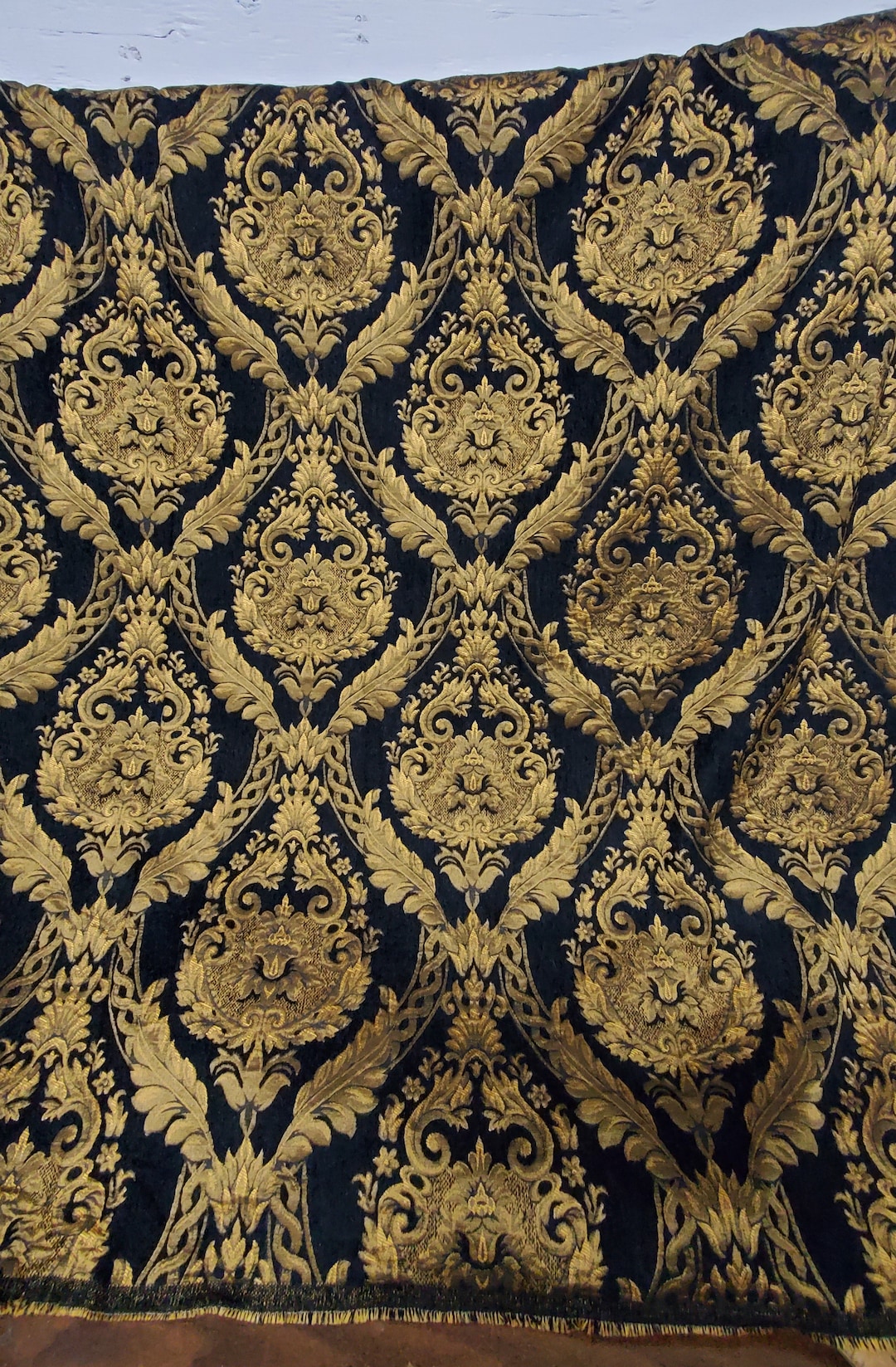 Damask Chenille Fabric Upholstery Fabric, Black/ Gold 54 Width Sold by