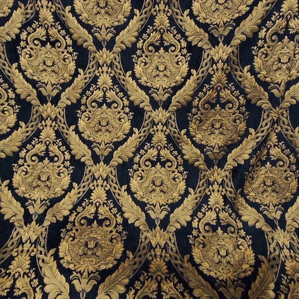 Damask chenille fabric - upholstery fabric, Black/ gold - 54" width - sold by yard