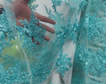 Lace floral Fabric, Luxury Matte Mint Lace Fabric Scalloped Edge Cording Embroidery Floral Lace