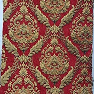 Damask chenille fabric - upholstery fabric, red/gold - 54&quot; width - sold by yard