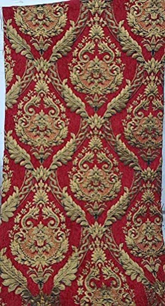 Damask Chenille Fabric Upholstery Fabric Red/gold Etsy