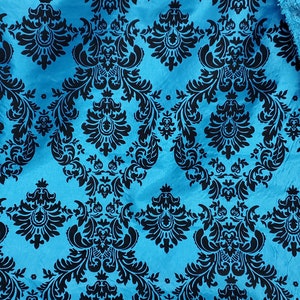 Taffeta Damask , Turquiose/ Black velvet Flocking Damask fabric per yard 60&quot; wide ,Fabric by the Yard