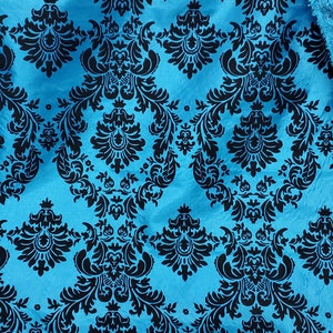 Taffeta Damask , Turquiose/ Black velvet Flocking Damask fabric per yard 60" wide ,Fabric by the Yard