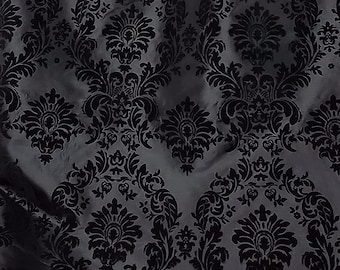 Taffeta Black/ Black velvet Flocking Damask fabric per yard 60&quot; wide ,Fabric by the Yard
