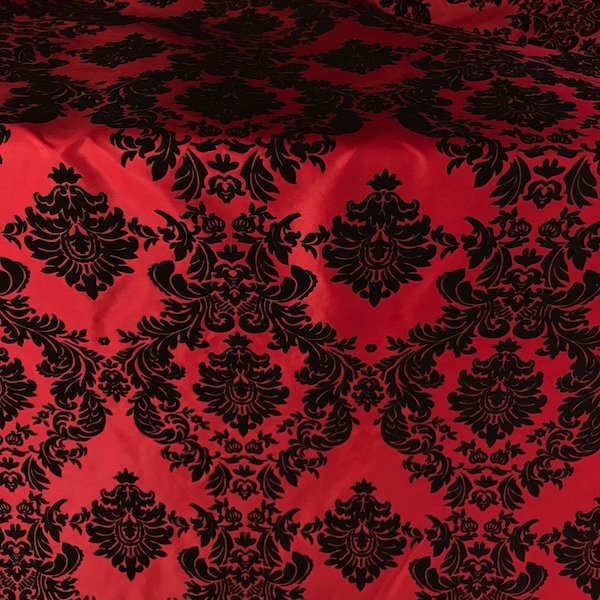 Taffeta Red Black velvet Flocking Damask fabric per yard 60" wide ,Fabric by the Yard