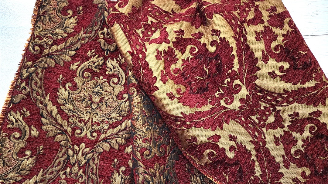 Damask Tapestry Chenille Fabric Upholstery Fabric, D. Red Gold 58 Width