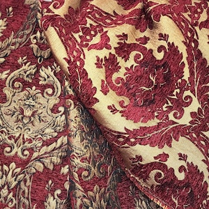 Tela de chenilla de damasco para tapicería, color rojo dorado, 147 cm de ancho