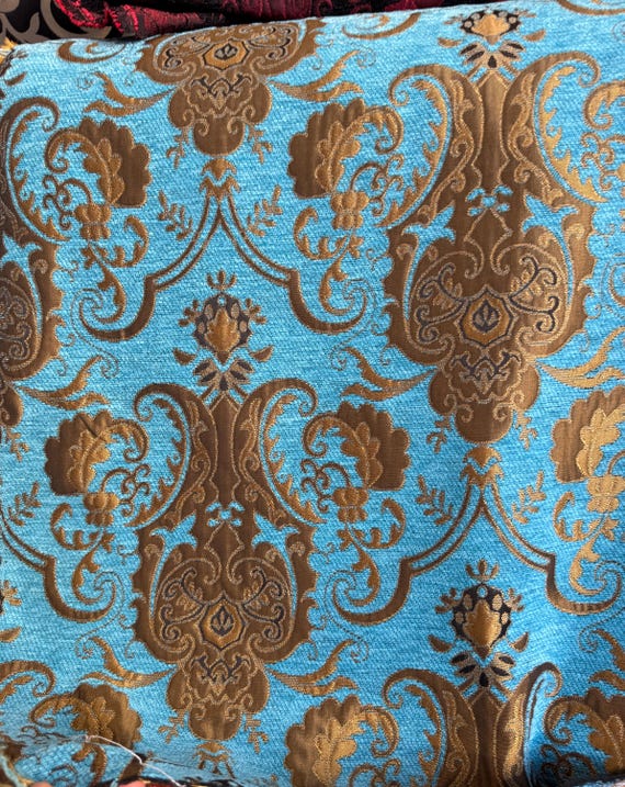 Turquoise and Gold Chenille Baroque Jacquard Upholstery Fabric, 58