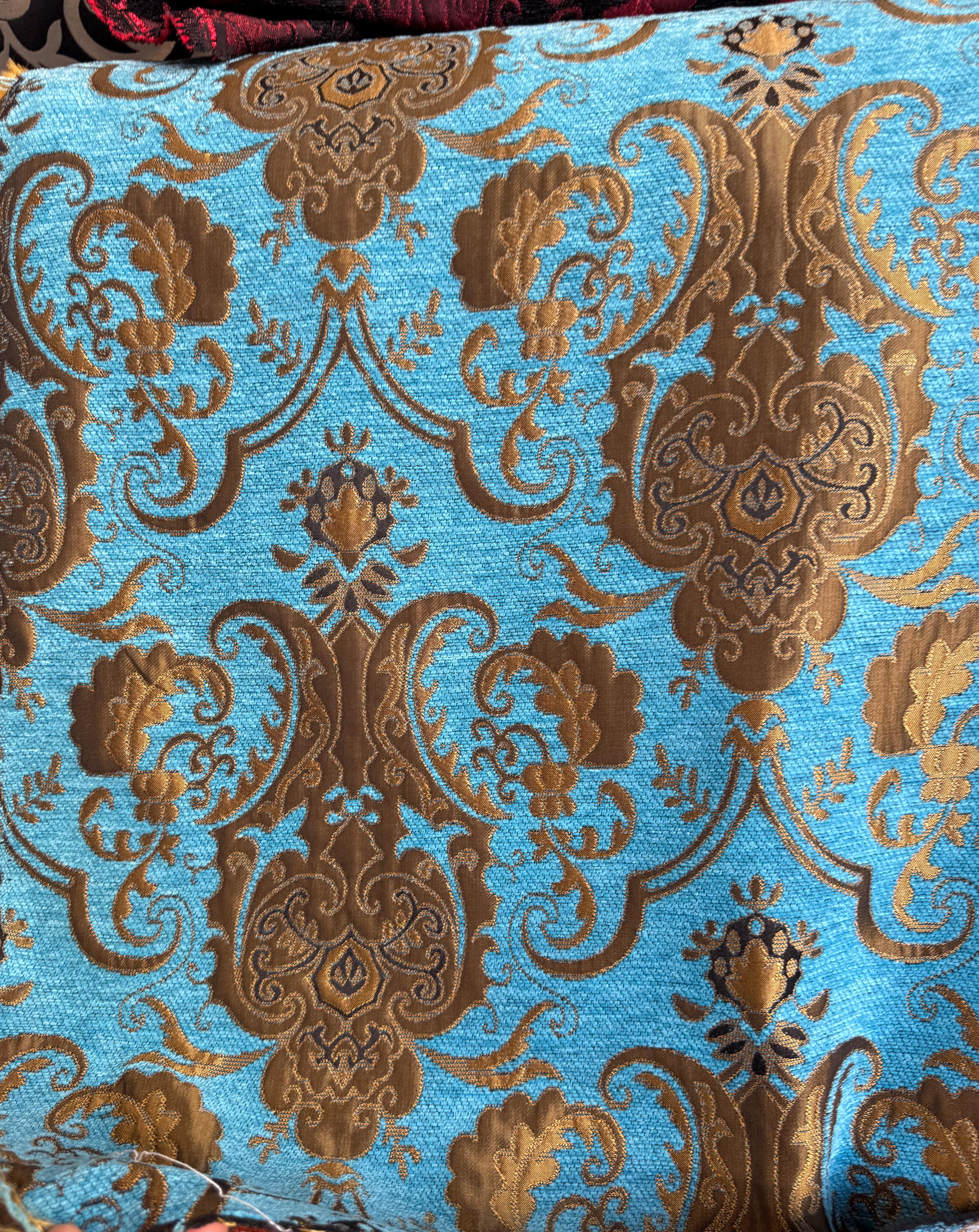 Turquoise and Gold Chenille Baroque Jacquard Upholstery Fabric, 58