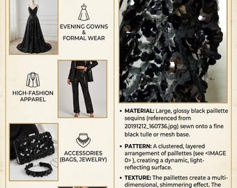 Black Sequins Paillette on Polyester Netting Fabric, Color Black 54" Wide, Sold by Yard