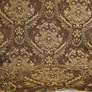 Damask tapestry chenille fabric - upholstery fabric, Brown/ gold - 56&quot; width - sold by yard in continuous yards
