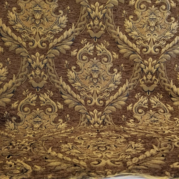 Damask tapestry chenille fabric - upholstery fabric, Brown/ gold - 56" width - sold by yard in continuous yards