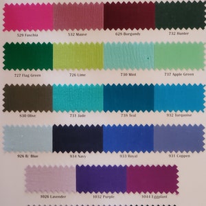 May include: A color swatch chart featuring various fabric samples in a range of colors. The chart includes shades of red, pink, green, blue, purple, and grey, with each color labeled with a number and name.