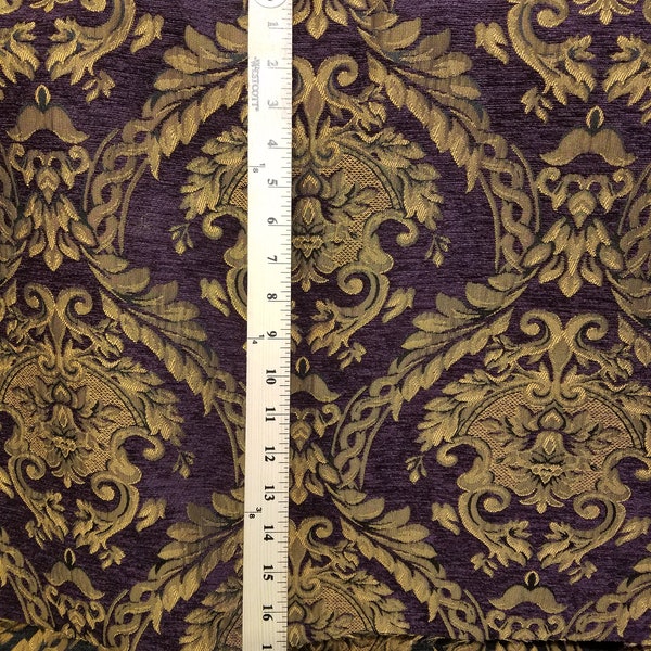 Damask tapestry chenille fabric - upholstery fabric, purple/ gold - 56" width - sold by yard in continuous yards