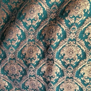 Chenille BAROQUE UPHOLSTERY Fabric Jacquard Damask, 58&quot; wide ,color Green/gold, Reversible, sold by yard in continuous yards