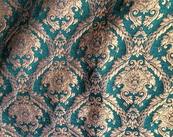 Chenille BAROCK POLSTERSTOFF Jacquard Damast, 150cm breit, Farbe Grün/Gold, Reversibel, wird lose in Meterware verkauft