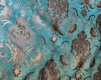 Chenille BAROCK POLSTERSTOFF Jacquard Damast, 150cm breit, Farbe Türkis Silber, wird lose in Meterware verkauft