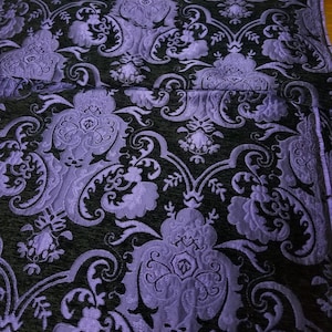 Chenille BAROQUE UPHOLSTERY Fabric Jacquard Damask, 58&quot; wide ,color purple/Black, sold by yard in continuous yards