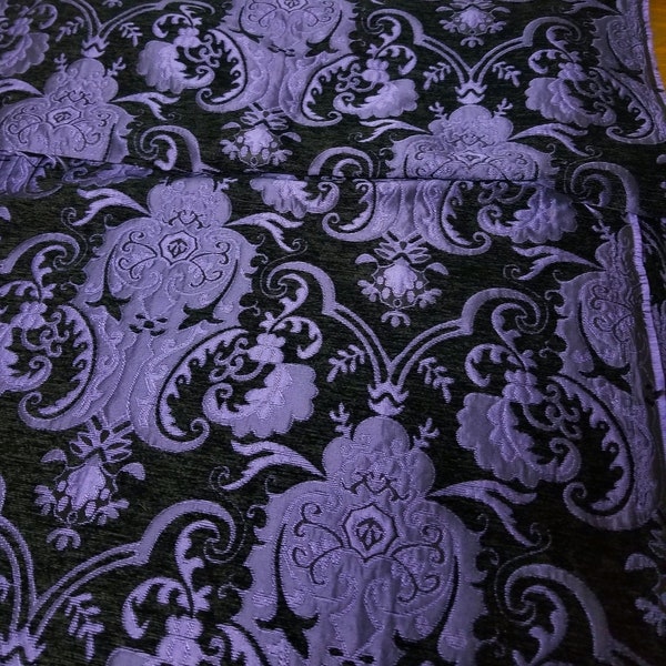 Chenille BAROQUE UPHOLSTERY Fabric Jacquard Damask, 58" wide ,color purple/Black, sold by yard in continuous yards