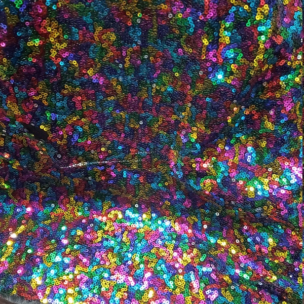 RAINBOW Sequins,Glitters Multi Color Sequins , on BLACK Mesh Fabric by the Yard, 54" wide