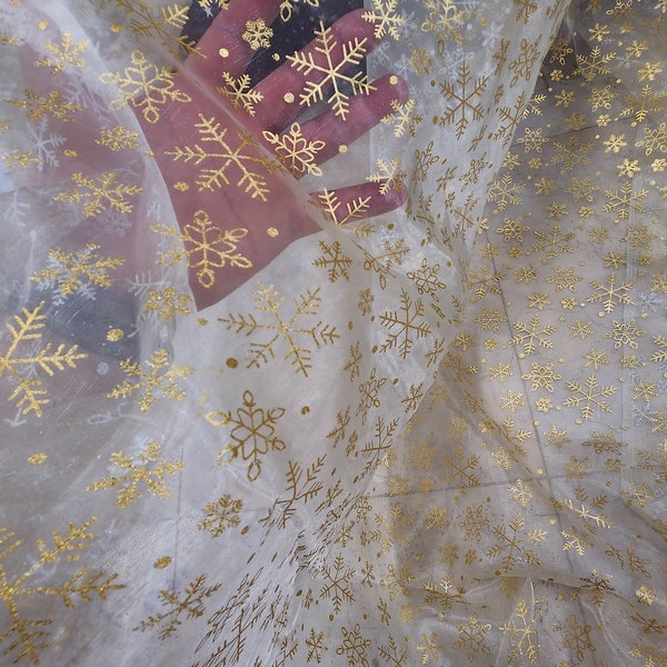 snowflakes Star Bursts Sheer Organza Gold 58" Inch Wide Fabric by The Yard