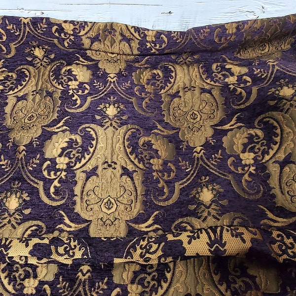 Chenille BAROQUE UPHOLSTERY Fabric Jacquard Damask, 58" wide ,color purple/gold, sold by yard in continuous yards