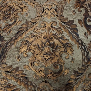 Chenille BAROQUE UPHOLSTERY Fabric Jacquard Damask, 58" wide ,color Sage green/gold, sold by yard in continuous yards