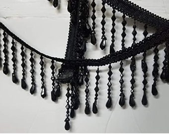 Braided Hanging Beads, Color Black, Tassel Trim Fringe Fabric Ribbon Trimming Handwork DIY Craft Sewing Accessory Lace for Decoration