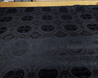 Liturgical Brocade,Church Gorgeous Cross acetatebrocade Fabric Cross Brocade Black Matte 60" Wide