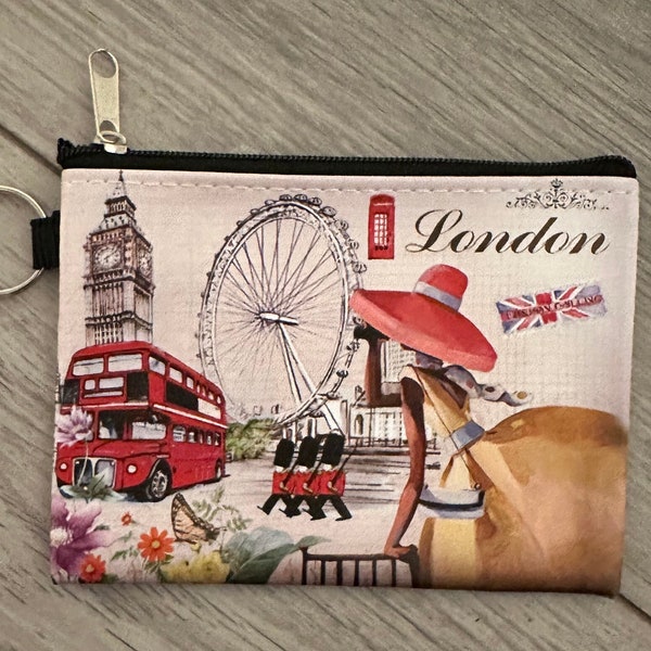 Porte-monnaie zippé, icônes de Londres, Big Ben Red Bus Guards, boîte téléphonique London Eye Union Jack, cadeau