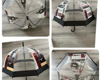 London Icons - Parapluie transparent transparent à dôme transparent avec cadre noir transparent à ouverture automatique