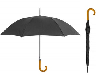 Classic Walking Stick Umbrella Wooden Crook Handle Long Black Wedding Brolly