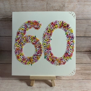 Handarbeit | Alter 60 Blumenkarte | 60. Geburtstagskarte | 60er Jahre Karte | Jedes Alter Karte | Personalisiert | Filigran
