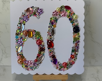 Tarjeta de 60 cumpleaños hecha a mano / Tarjeta de 60 cumpleaños / Tarjeta de feliz 60 cumpleaños / Tarjeta para cualquier edad / Personalizada / Gemas de 60 cumpleaños