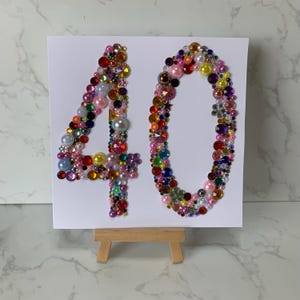 Fait main | 40 ans | Carte | 40e anniversaire | Joyeux 40e | Toute carte d'âge | Personnalisé | Embelli | Jolie | Pierres précieuses | Coloré