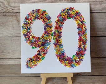 Handgemachte Karte zum 90er Geburtstag: Florales verschönertes Design, Blumen, Bunt