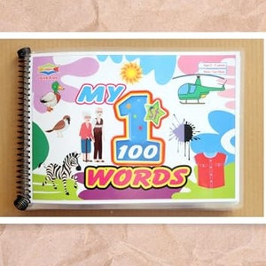 May include: A colorful book with a spiral binding titled "My 100 Words". The cover features a large number one with a star, a cartoon duck, a zebra, and two people.