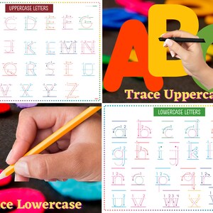 May include: A printable worksheet for tracing uppercase and lowercase letters. The worksheet includes dotted lines to guide the user in tracing the letters. The text "Trace Uppercase" and "Trace Lowercase" is included on the worksheet.