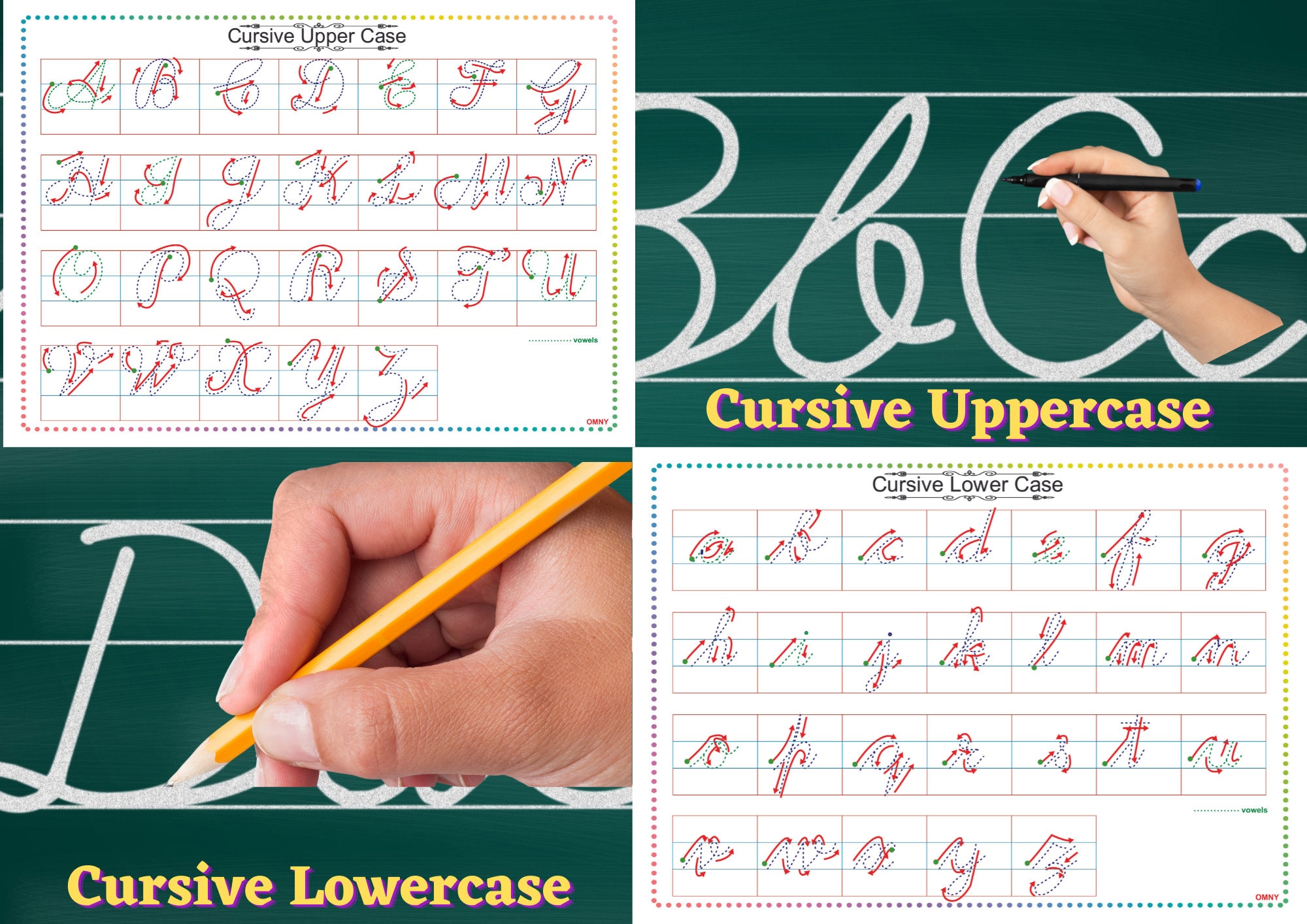 cursive handwriting 4 worksheets printable alphabet poster etsy