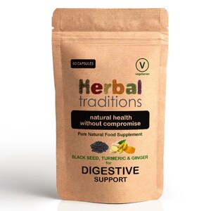 Könnte beinhalten: Ein brauner Papierbeutel mit einem weißen Etikett, auf dem "Herbal traditions natural health without compromise Pure Natural Food Supplement BLACK SEED, TURMERIC & GINGER for DIGESTIVE SUPPORT" steht und ein grünes "V" für vegetarisch.