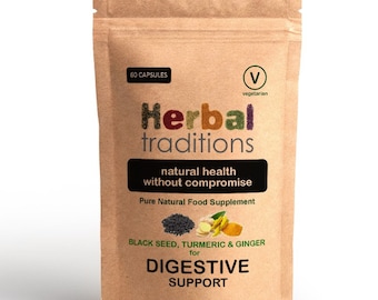 Herbal Traditions Black Seed, Turmeric & Ginger for Digestive Support - 60 x 500mg Capsules (Vegetarian) - Suitable for Vegans