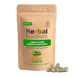 May include: A brown paper bag with a white label that says "Herbal traditions natural health without compromise Vegetarian Food Supplement ORGANIC OKRA natural aid for sugar balance & digestion". The bag contains 60 capsules of organic okra.