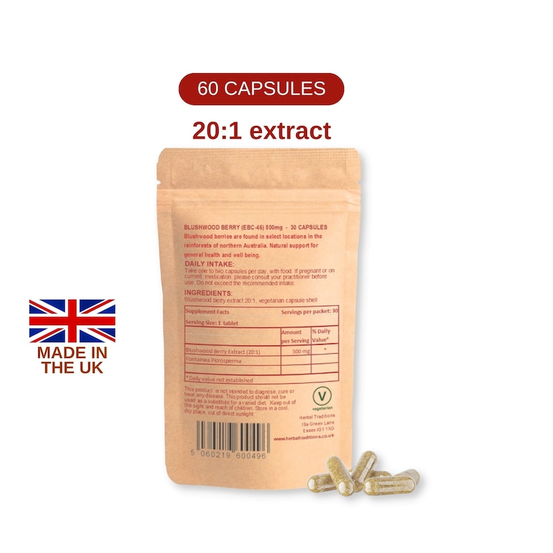 Blushwood Berry EBC46 20:1 Extract x 60 Capsules by Herbal Traditions UK Manufactured Suitable for vegans image 2