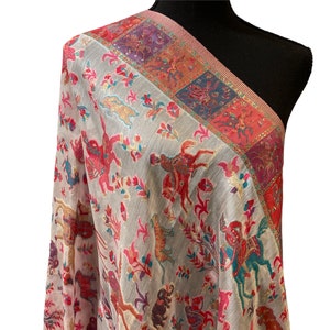 Mughal Border Kani Silk Shawl, Gifts for her, Wedding Shawl , Bridal Gift, White