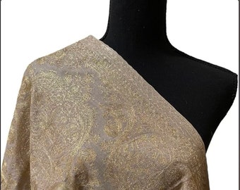 Beige  Pashmina Shawl with Gold ( Tilla Work), Wedding Wrap, Scarf, Gifts for her