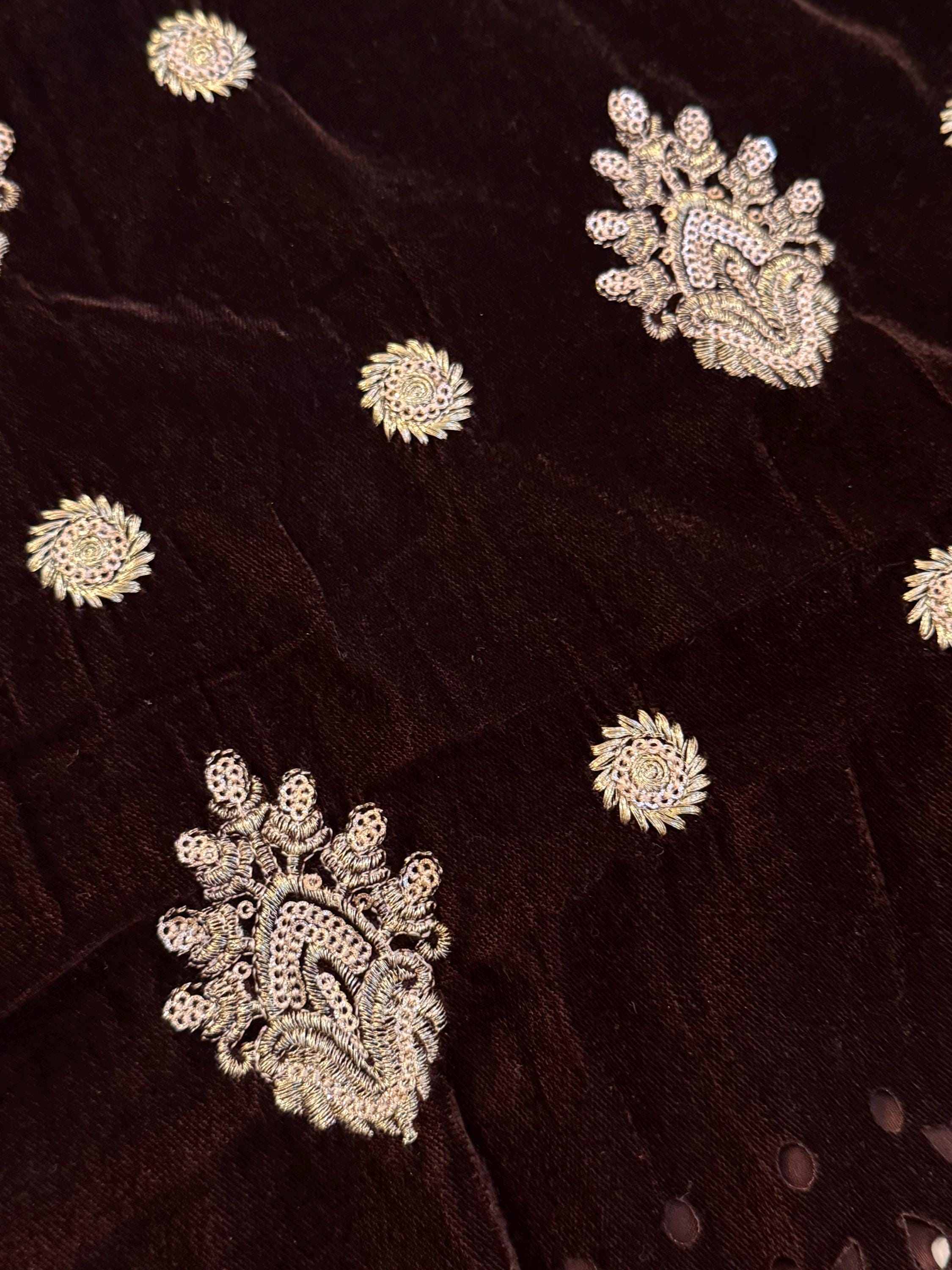 Deep Brown Laser Cutwork Velvet Shawl, Embroidered Gold Work