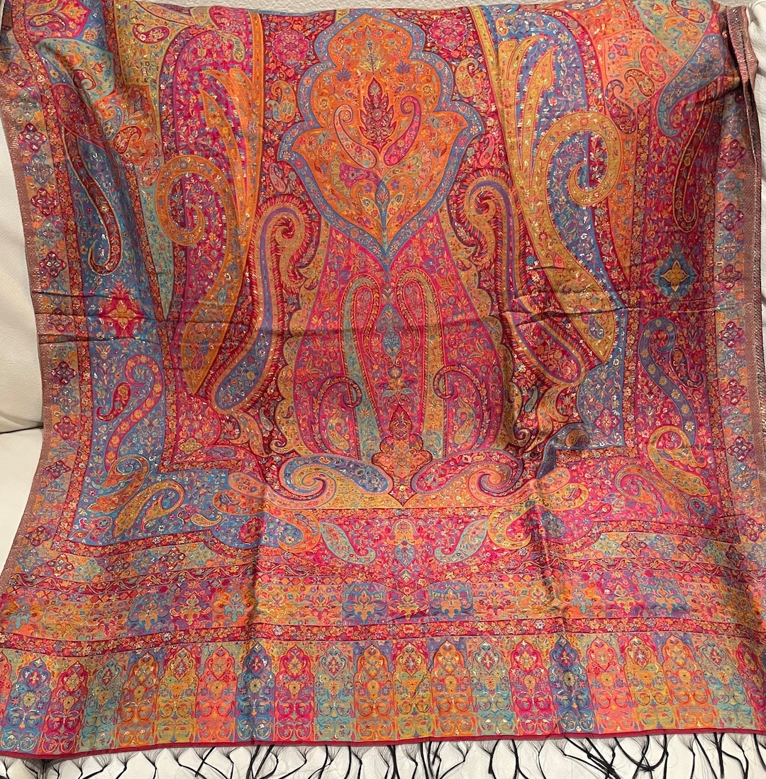 Buy Kashmiri 100% Pure Wool Throw Paisley Kani BORDER JAMAWAR Shawl ~ Jamawar Foulard Woven Jamavar Online in India