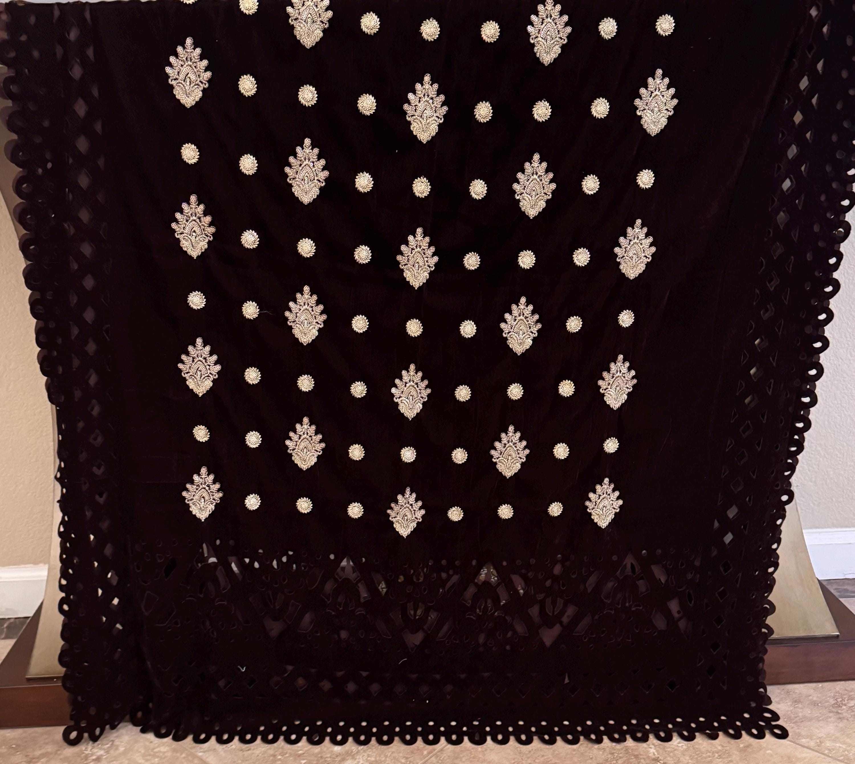 Deep Brown Laser Cutwork Velvet Shawl, Embroidered Gold Work