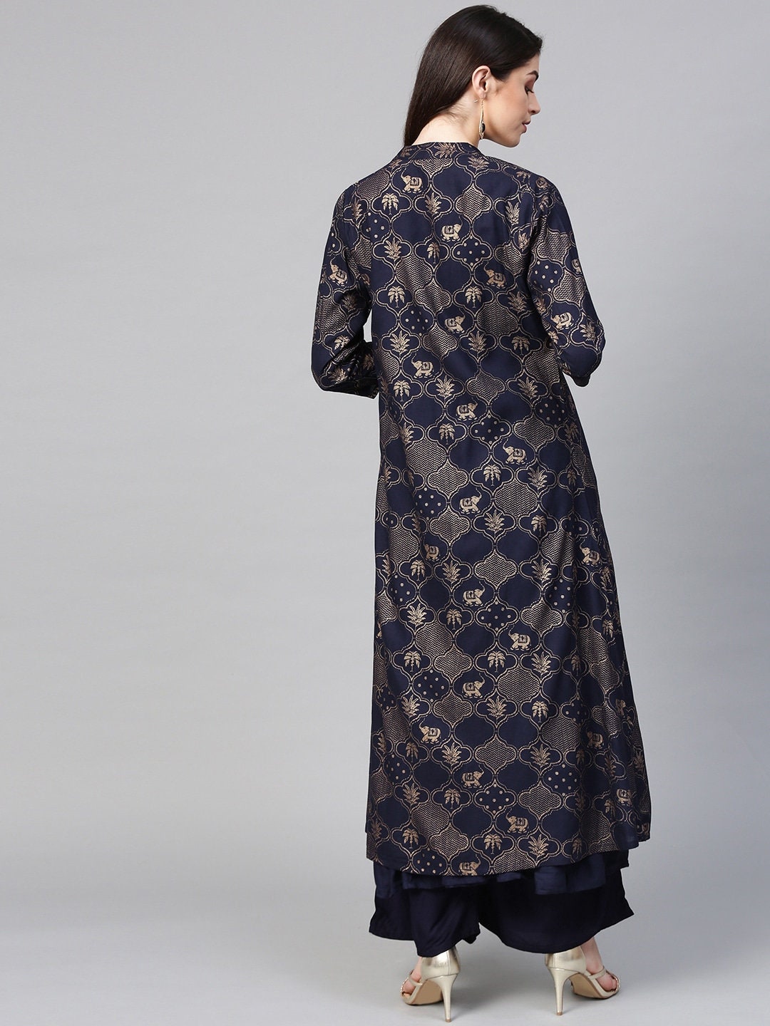Girls Navy Blue Printed Kurta With Palazzos