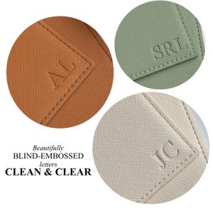 May include: Close-up of three sections of personalized leather goods in tan, sage green, and off-white. Each section features blind-embossed initials: AL, SRL, and JC. The image also includes the text "Beautifully BLIND-EMBOSSED letters CLEAN & CLEAR."